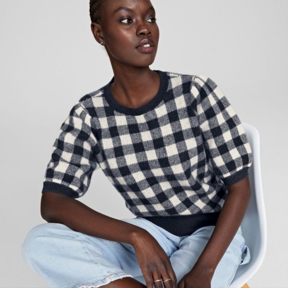 cashmere charter club Sweaters - 100% Cashmere Plaid Puff Short Sleeve Sweater Fuzzy Soft  Size L